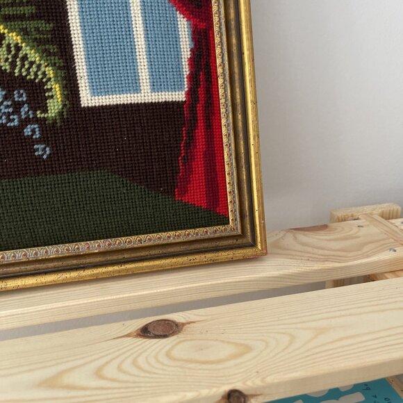 VTG Golden Framed Needlepoint Wall Art Picture Flowers In Tea pot 18*” x 14” - Picture 5 of 16